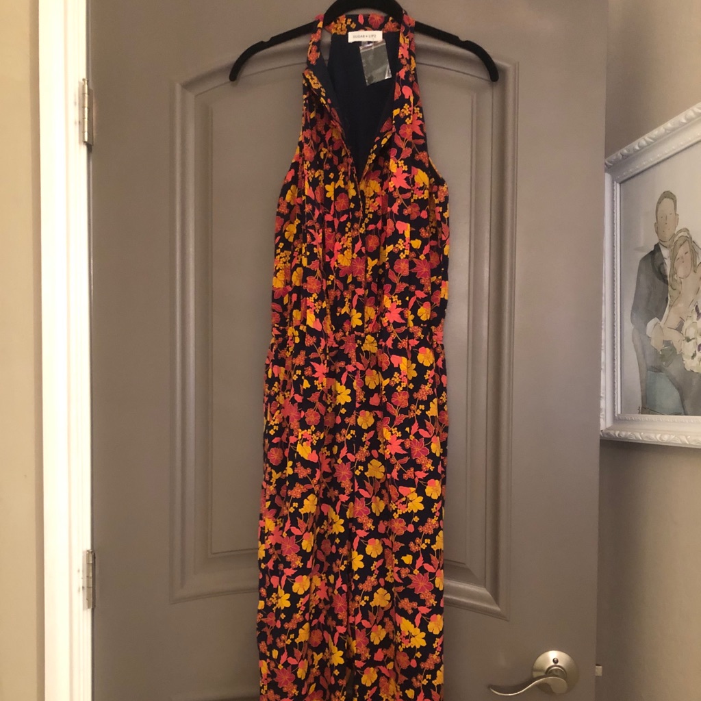 Navy Blue And Pink Floral Print Jumpsuit Nwt